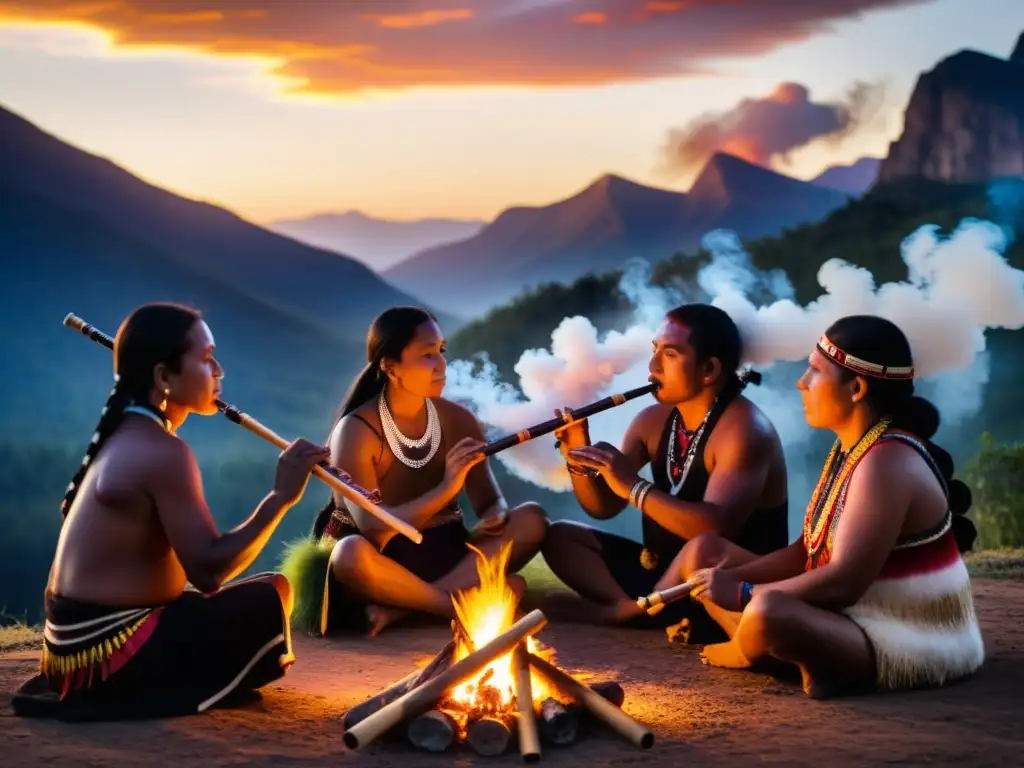 Importancia cultural de flautas nativas: Indígenas tocando flautas alrededor del fuego ceremonial al atardecer en la montaña