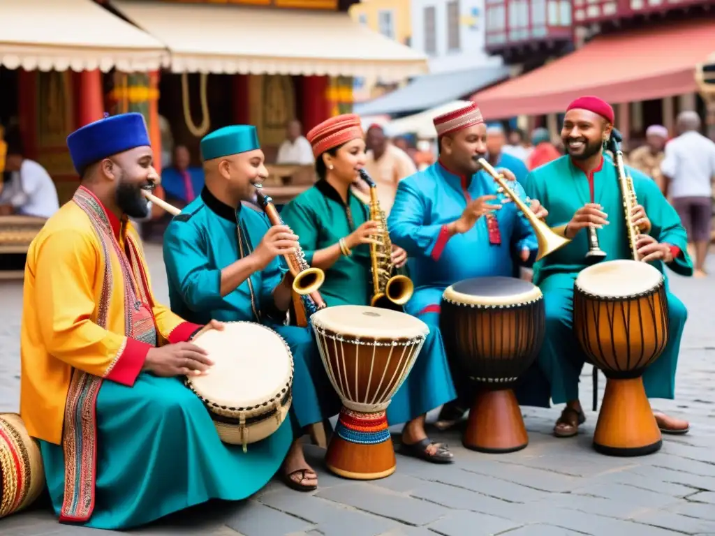 Importancia cultural de instrumentos musicales: Músicos de distintas culturas tocando juntos en un bullicioso mercado, fusionando tradiciones