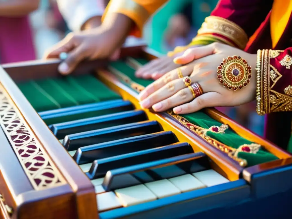 Importancia del harmonium en el kirtan: Manos adornadas con henna tocan el harmonium durante una vibrante ceremonia de canto devocional hindú