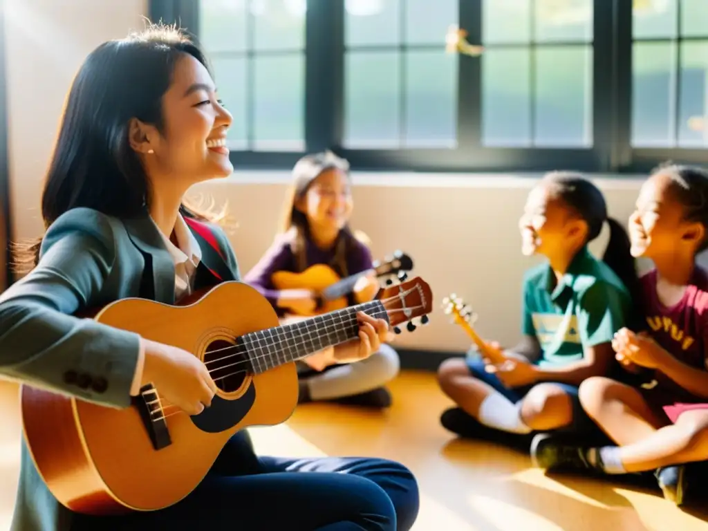 La importancia del ukelele en educación musical: niños en círculo con ukeleles, siguiendo las indicaciones de su profesora con alegría y concentración