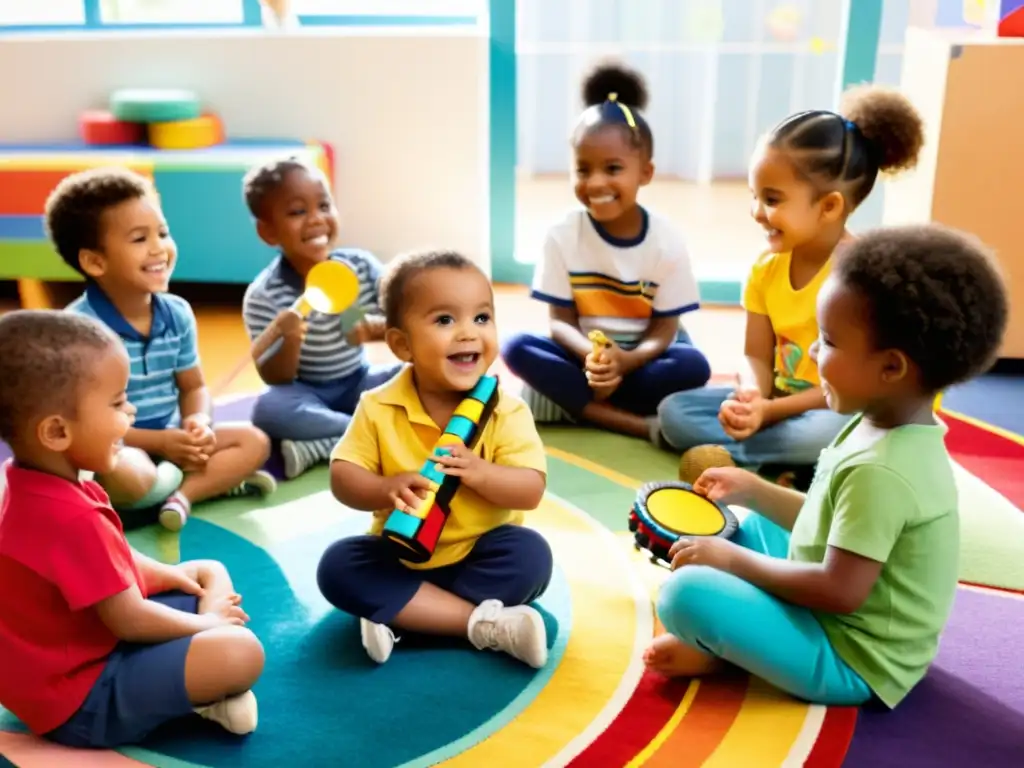 Importante educación preescolar con instrumentos musicales: niños felices explorando sonidos y ritmos en un círculo colorido