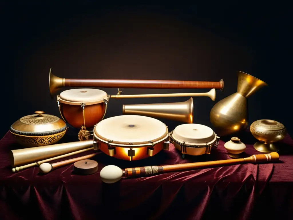 Una impresionante colección de antiguos instrumentos de percusión, incluyendo los primeros xilófonos, en un elegante fondo de terciopelo oscuro