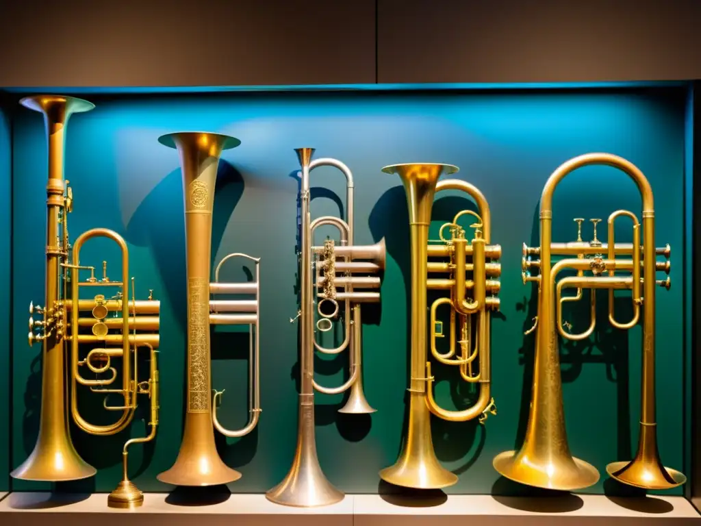 Una impresionante imagen documental de una colección de instrumentos de viento metal históricos en un museo