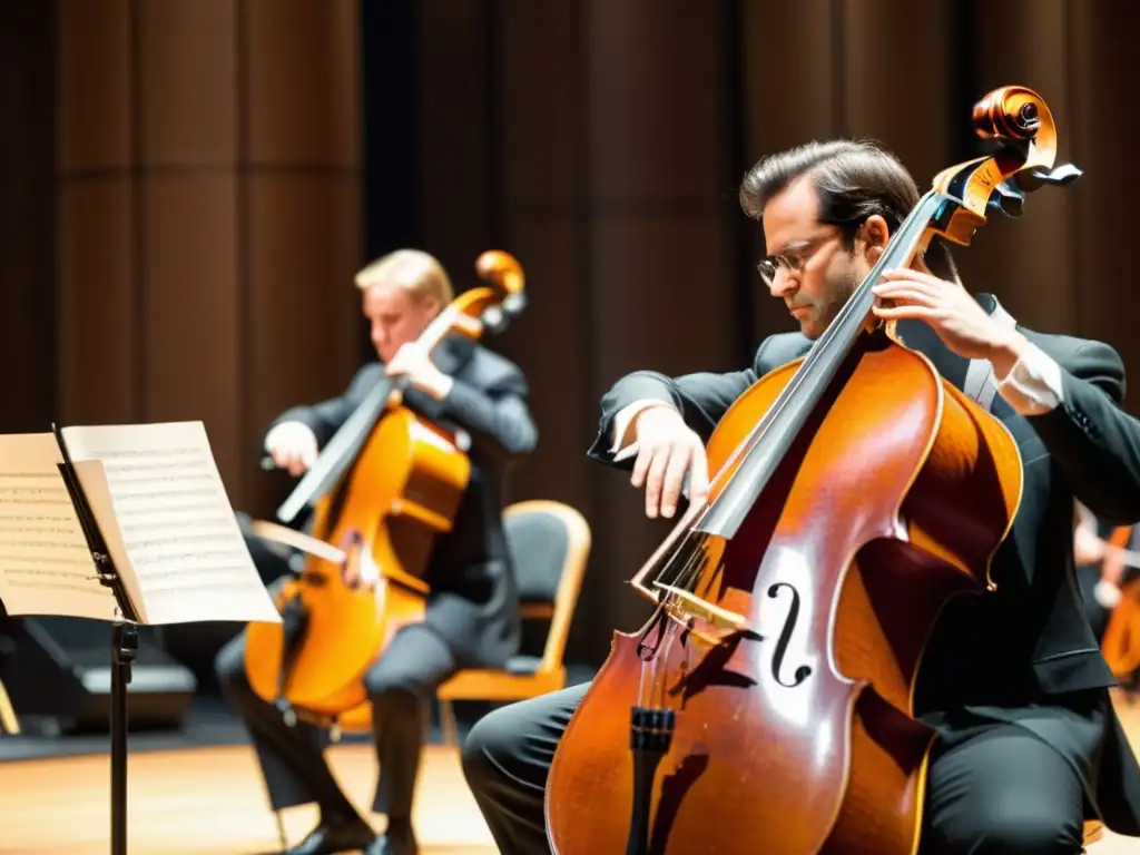 Una impresionante imagen 8k de una orquesta sinfónica, destacando el contrabajo y la importancia del contrabajo en orquesta