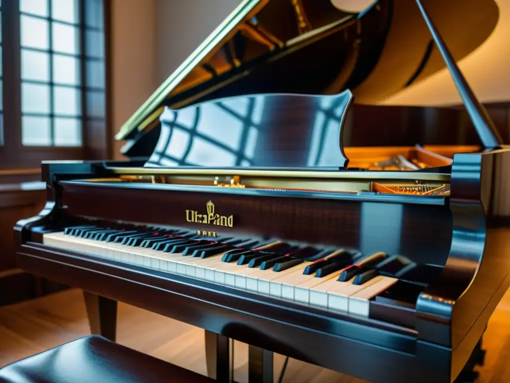 Un impresionante piano de cola de concierto, con detalles y texturas enriquecidas por una iluminación dramática