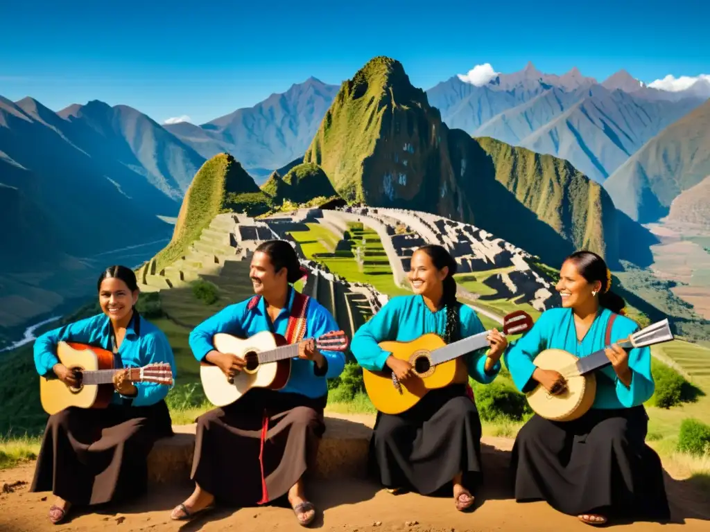 Musicians from the Andes perform an improvisational piece with traditional instruments, surrounded by a rich landscape