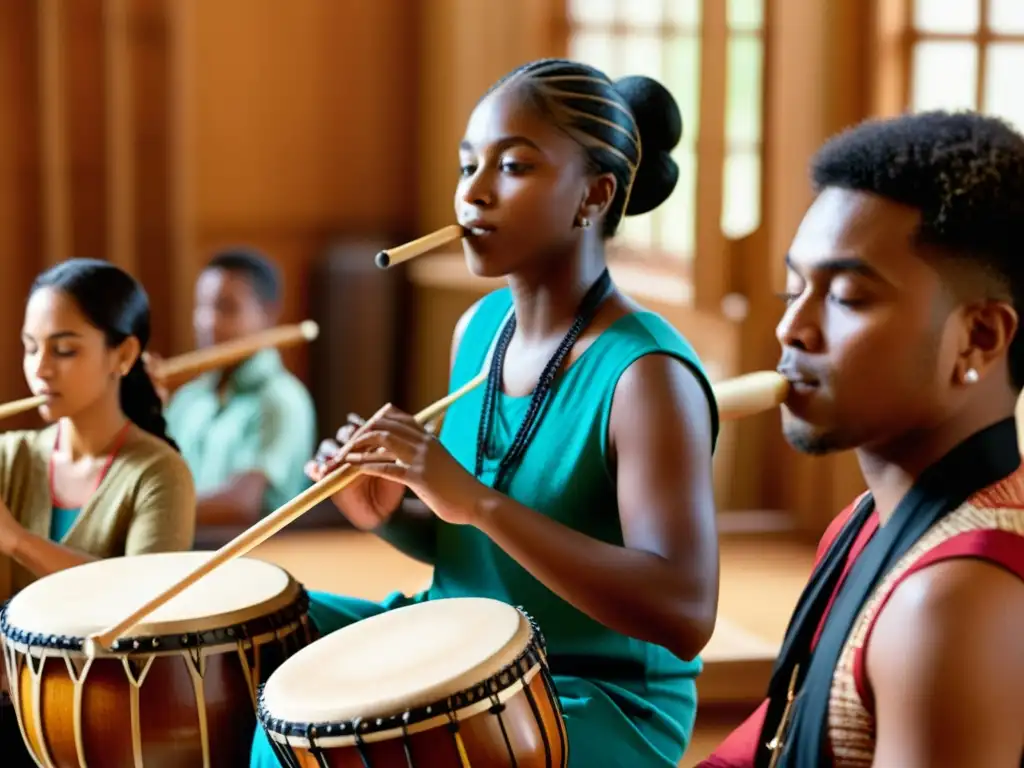 Incorporación de instrumentos étnicos en cursos de música: Imagen documental de músico enseñando instrumentos étnicos en clase multicultural