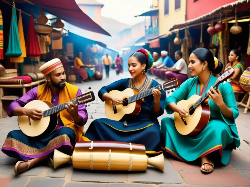 Incorporación de instrumentos étnicos en cursos de música: Músicos diversos tocan instrumentos tradicionales en un bullicioso mercado, inmersos en la expresión cultural