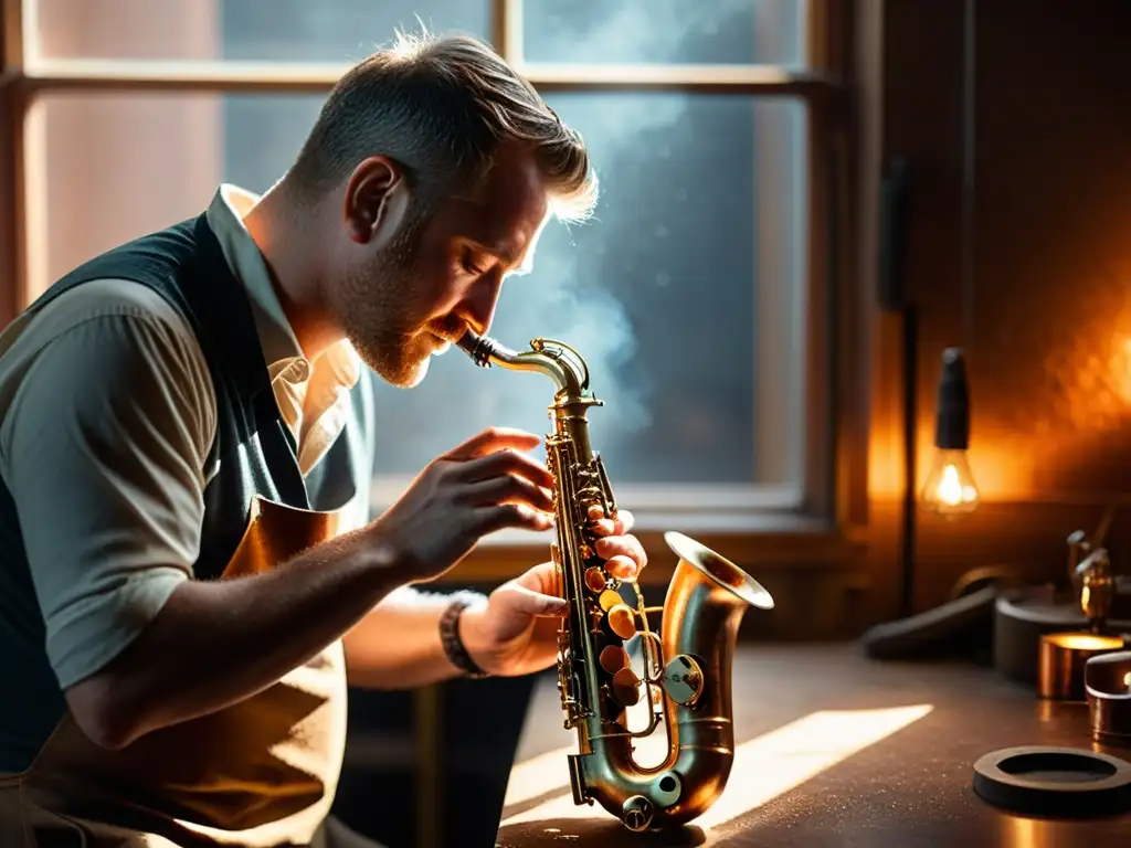 Influencia acústica del saxofón de cobre: Imagen de artesano moldeando a mano un saxofón de cobre en un taller iluminado por cálida luz natural