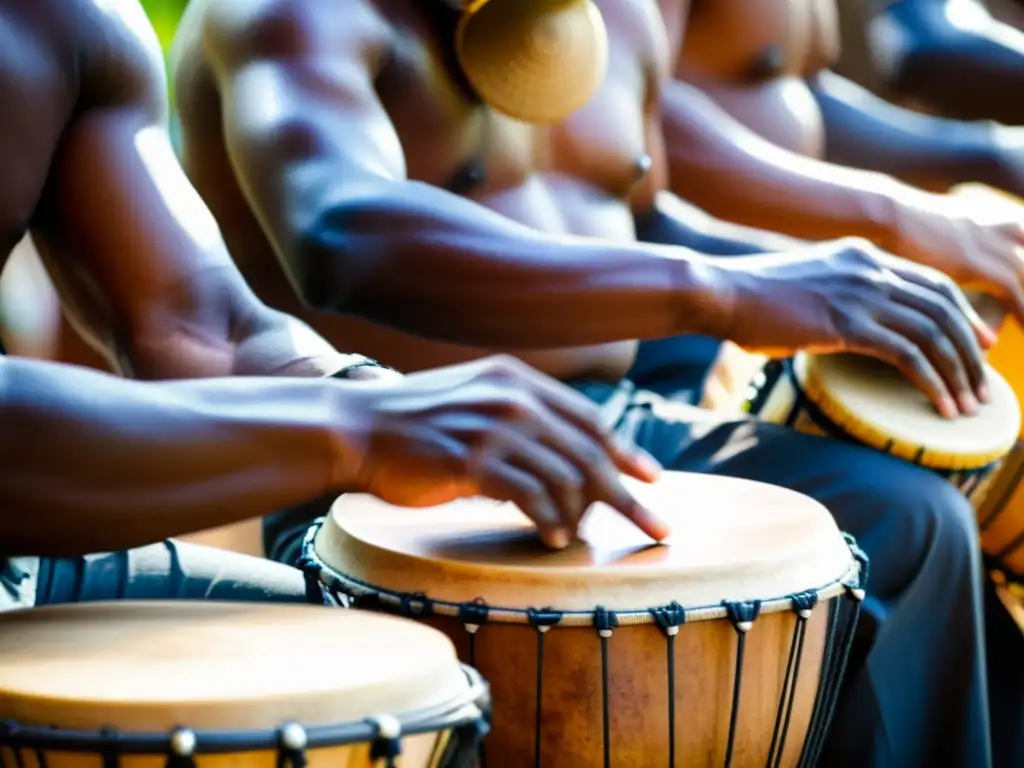 Influencia africana en la percusión panameña: Panameños tocando tambores africanos con pasión, mientras el público refleja admiración y alegría