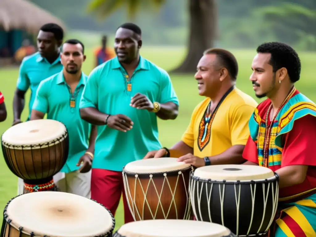 Influencia africana en la percusión panameña: Grupo de percusionistas panameños tocando tambores africanos en un ambiente vibrante, con trajes coloridos y patrones de tambores intrincados