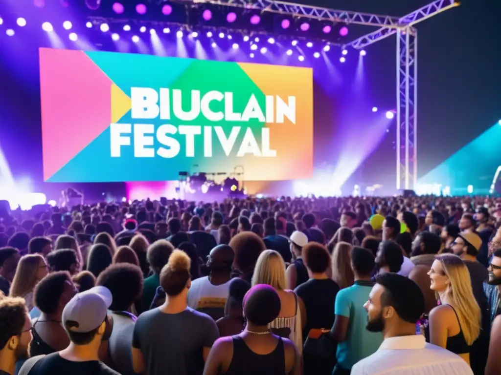 Influencia del blockchain en música: escena vibrante de festival con diversidad, innovación tecnológica y comunidad unida