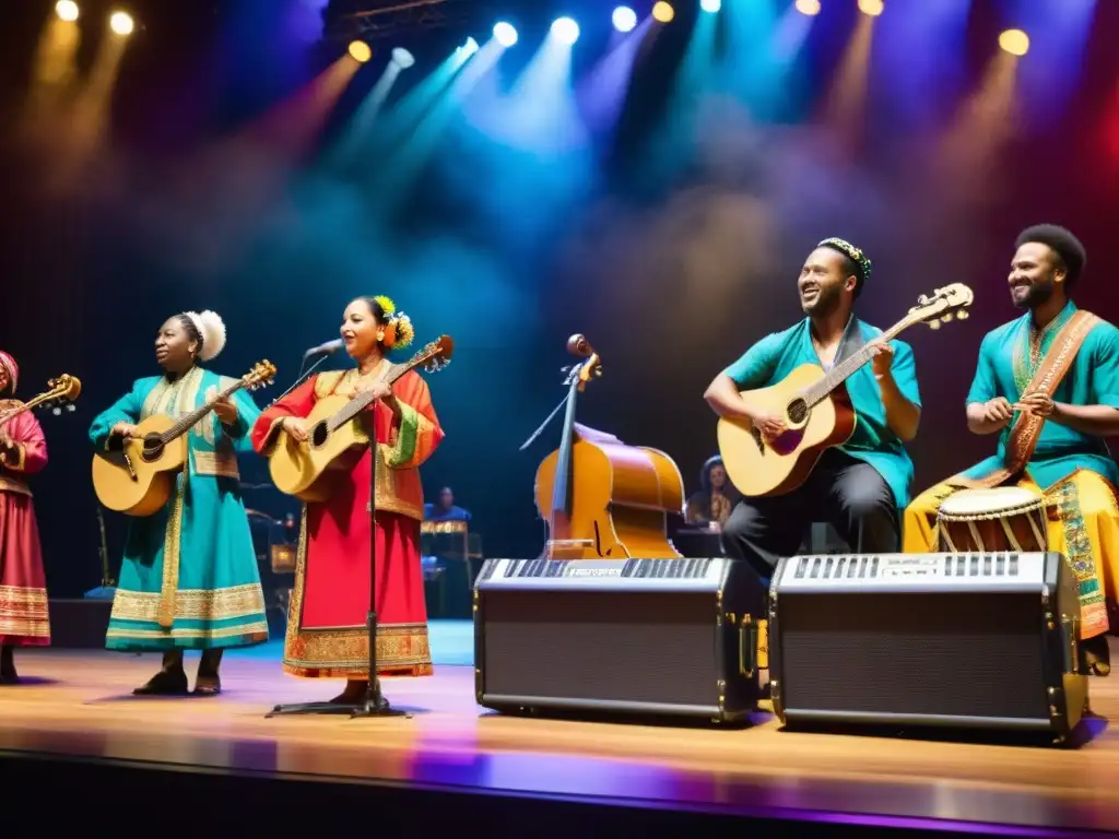 Influencia migración música contemporánea: Músicos de diferentes culturas tocan juntos en el escenario, uniendo sus tradiciones en una actuación poderosa y emocional, mientras el público se sumerge en la energía y la unidad cultural