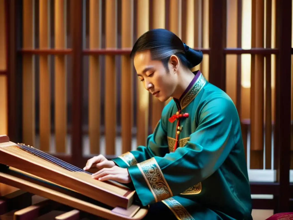 Influencia cultural del guzheng chino: Imagen documental de músico chino tocando el guzheng, destacando su tradición y ambiente cultural