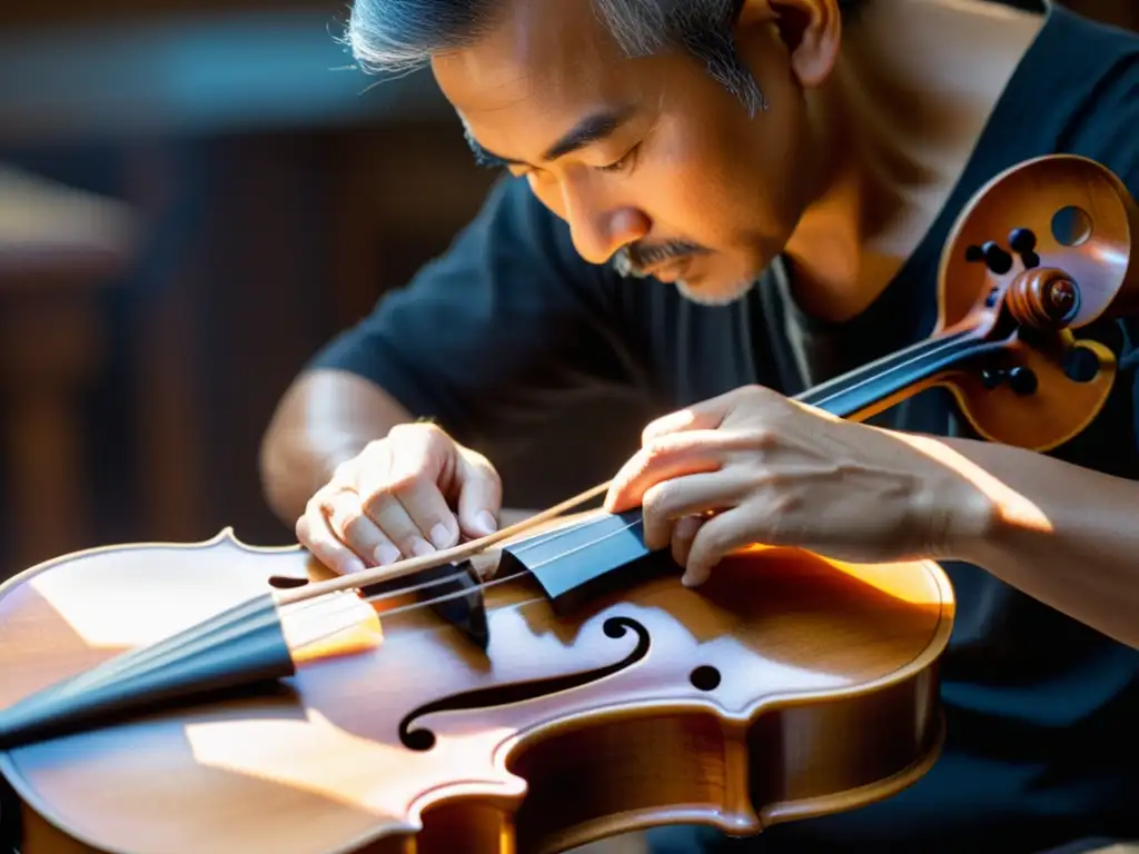 Influencia cultural en la luthería: Un luthier hábil talla diseños intrincados en un violín artesanal, iluminado por la suave luz natural