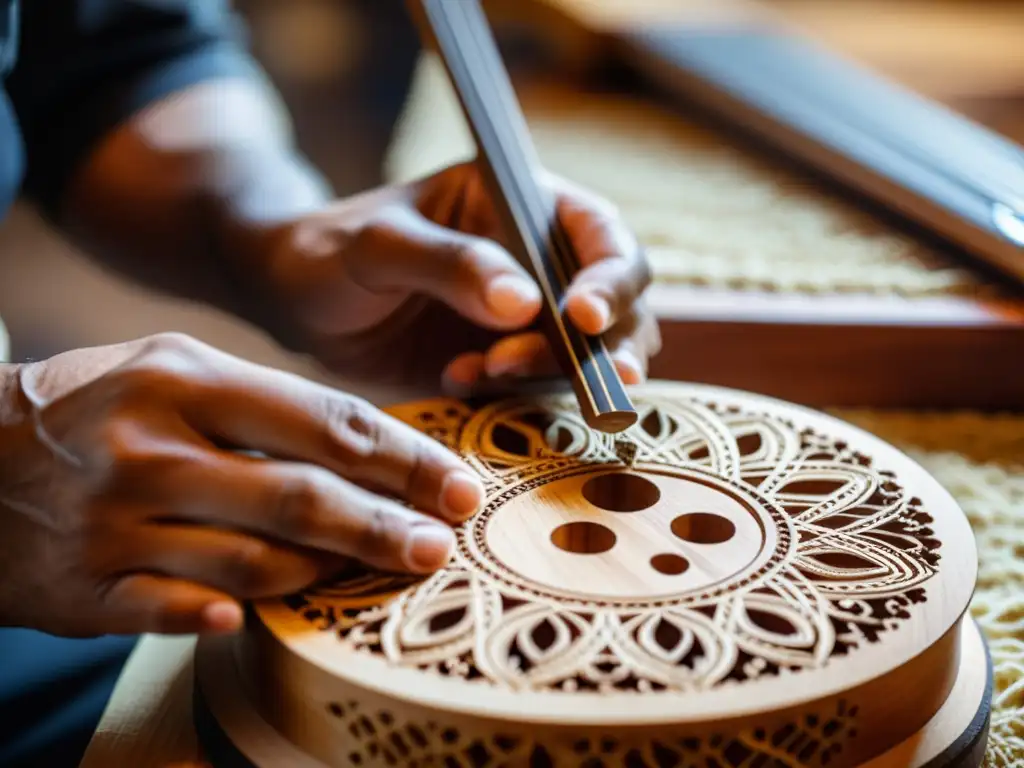 Influencia cultural en la luthería: Detalle de manos de luthier tallando patrones en instrumento de cuerda, envuelto en ambiente cálido y tradicional