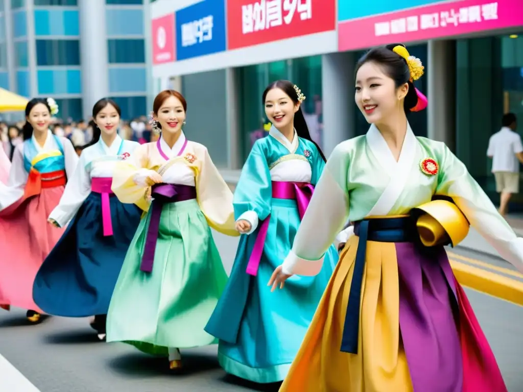 Influencia cultural del Kpop en la migración coreana: Inmigrantes coreanos en hanbok tradicional participando en animada danza callejera