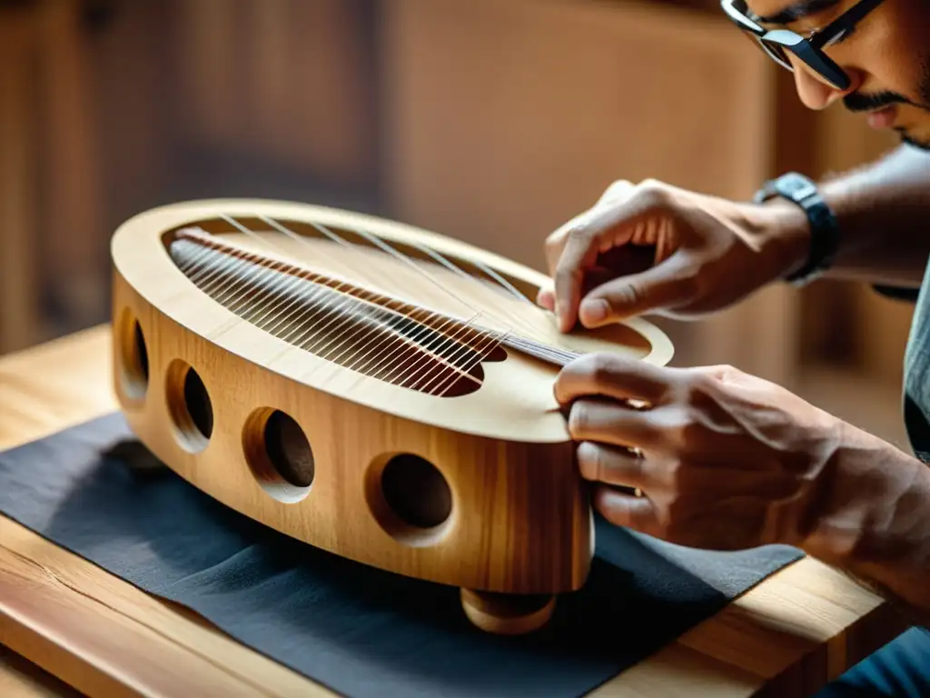 Influencia cultural música realidad virtual: Hábil artesano esculpe instrumento musical de madera en entorno virtual cálido y detallado