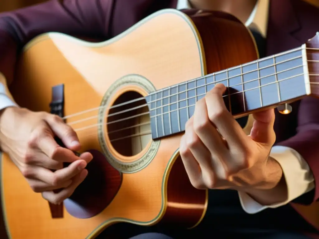 Influencia global de la guitarra clásica española: Detalle de guitarra y manos de músico, transmitiendo pasión y tradición