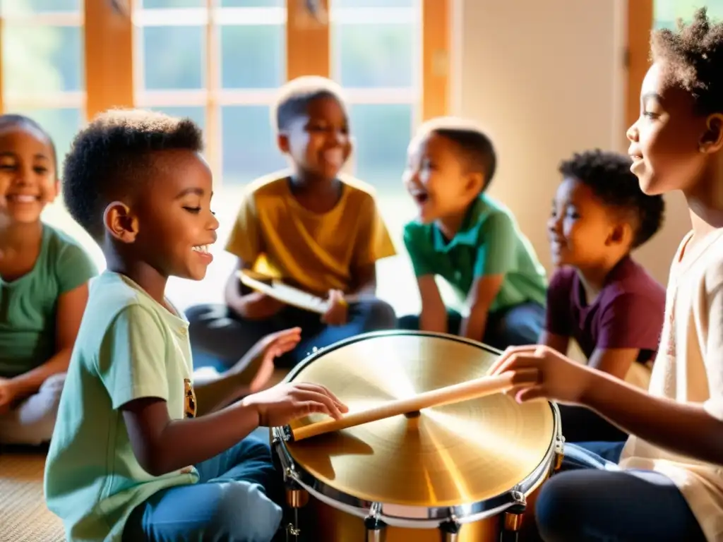 Influencia de instrumentos musicales en educación: Niños de diversas culturas tocan juntos, creando música con alegría y concentración