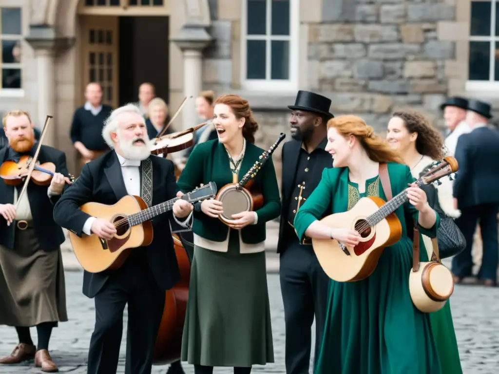 Influencia de la migración irlandesa: Grupo de inmigrantes irlandeses tocan música celta en la ciudad, rodeados de oyentes y edificios antiguos