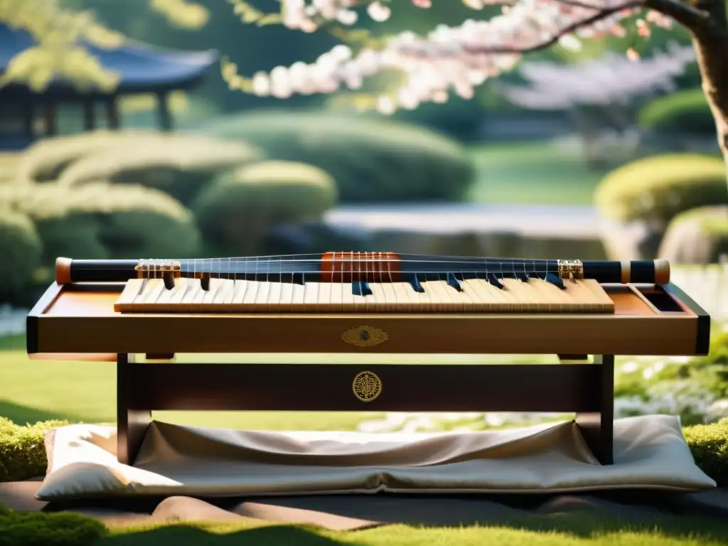 Influencia del koto japonés: Detalle de un hermoso koto japonés en un jardín tranquilo con árboles de cerezo en flor