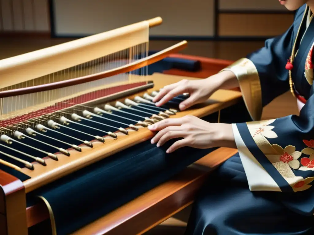 Influencia del koto japonés: Experto músico toca el koto tradicional con destreza, destacando su rica historia cultural y su conexión con la música contemporánea