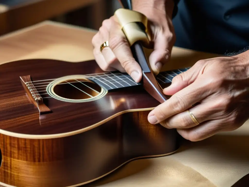 Influencia de la madera en instrumentos: Luthier tallando una guitarra clásica en madera de caoba, resaltando la artesanía y precisión