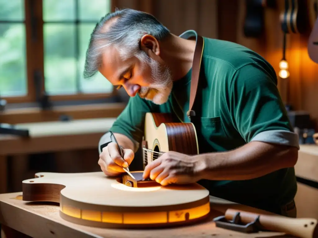 Influencia de materiales orgánicos en acústica: Un luthier da forma a una guitarra acústica en su taller, resaltando la artesanía y calidez