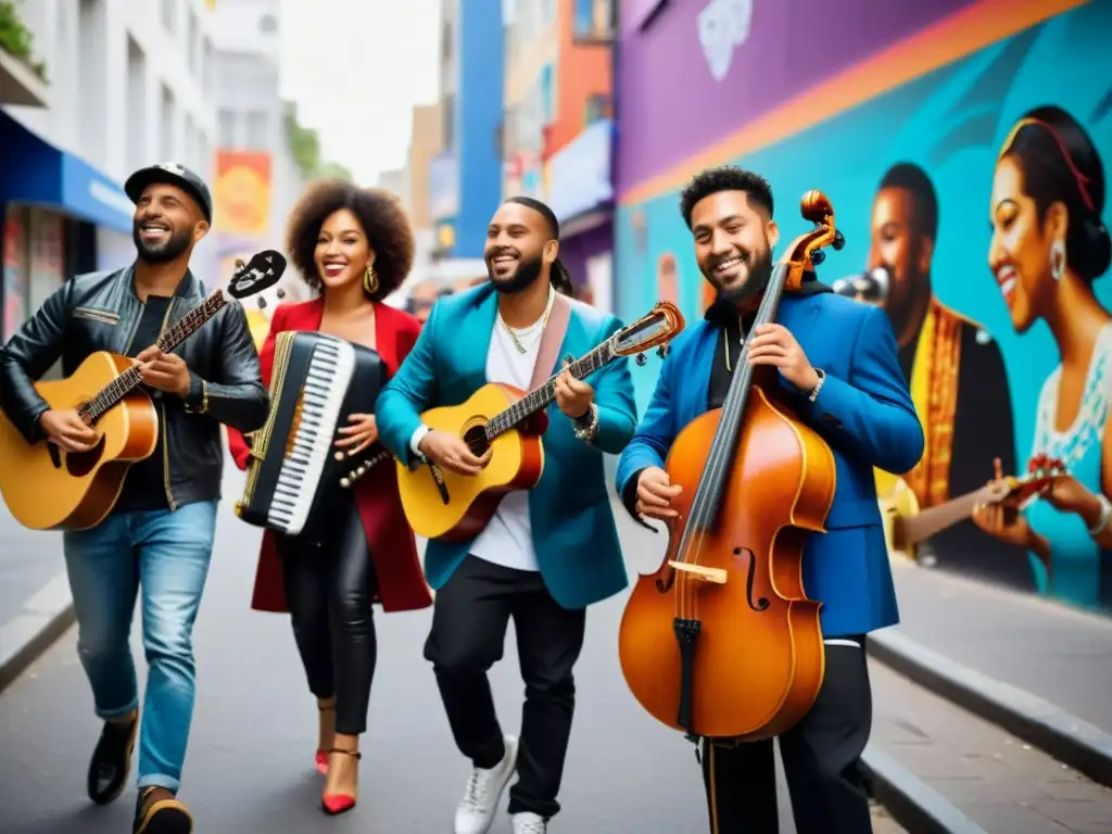 Influencia de la migración en la música contemporánea: músicos de diversas culturas tocando instrumentos tradicionales en un vibrante escenario urbano