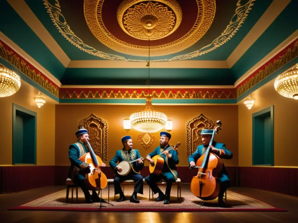 Influencia de la música rusa en la diáspora: músicos rusos interpretando instrumentos tradicionales en un elegante salón decorado