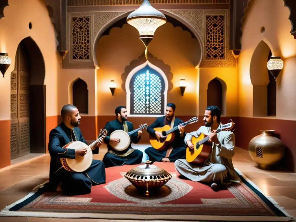 Influencia árabe en la música ibérica: Músicos tocan instrumentos tradicionales en una atmósfera culturalmente rica