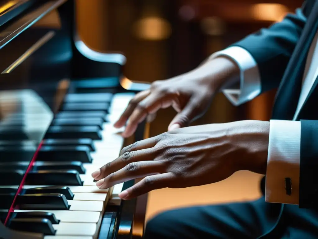 Influencia del piano en música latina: Emotiva imagen de manos tocando un piano de cola, destacando la pasión y tradición de la música latina