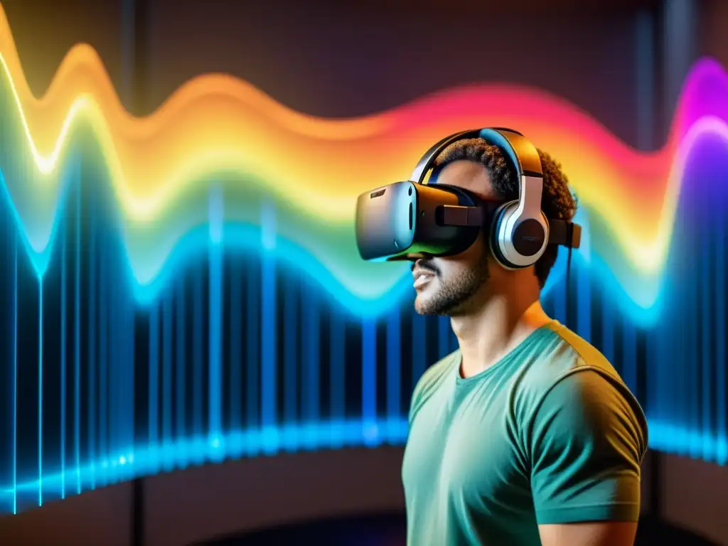 Un ingeniero acústico utiliza tecnología de realidad virtual para mapear ondas de sonido en una habitación, creando acústicos perfectos