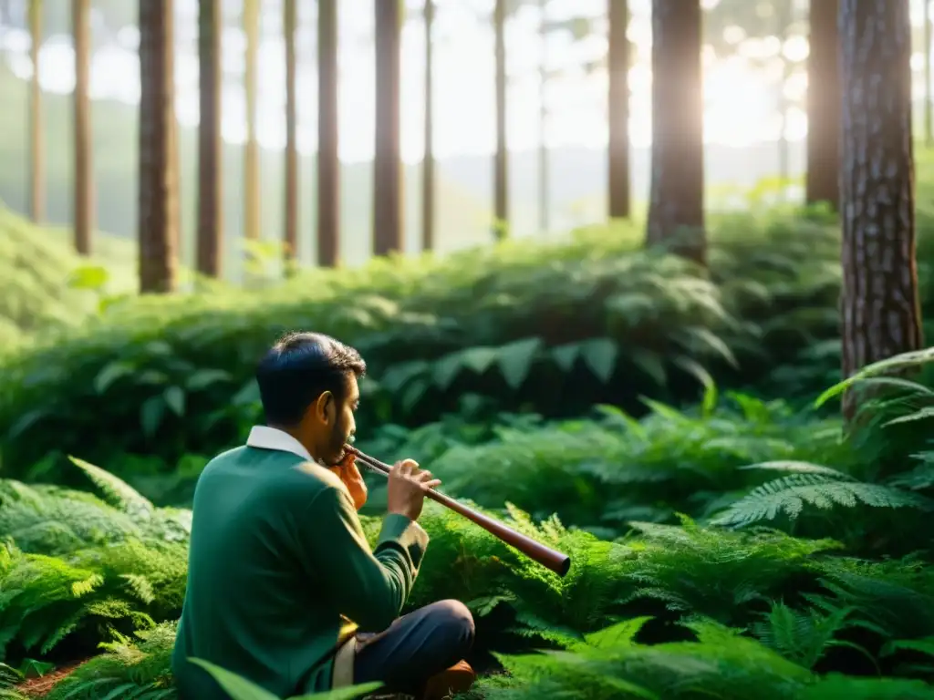 Un ingeniero de grabación ambiental configura micrófonos en un exuberante bosque soleado para capturar el sonido natural de una flauta tradicional