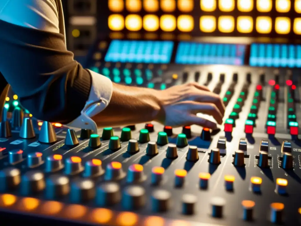 Experto en audio ajustando consola de mezclas en estudio de grabación Un ingeniero de audio ajusta meticulosamente controles en una consola de mezclas en un estudio de grabación