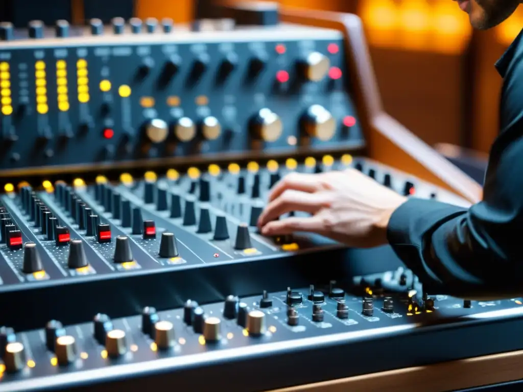 Un ingeniero de audio experto ajusta con precisión los controles del ecualizador mientras un guitarrista clásico toca al fondo, mostrando técnicas de ecualización para instrumentos musicales