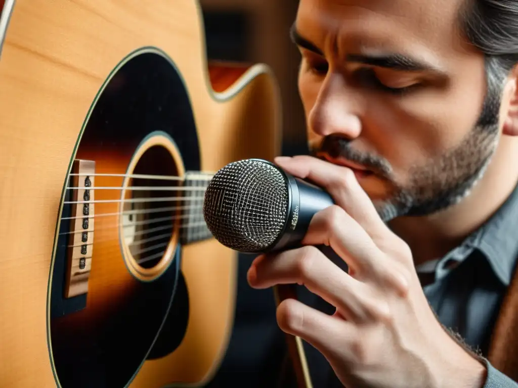 Un ingeniero de audio experto ajusta un micrófono frente a una guitarra acústica