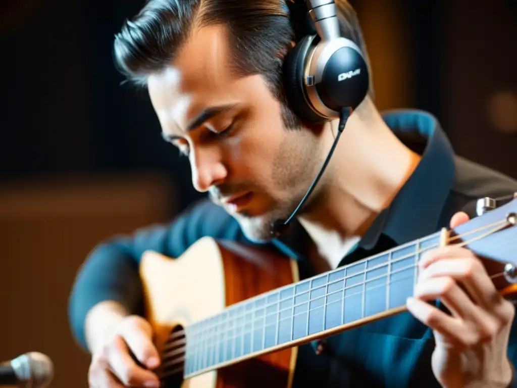 Un ingeniero de audio experto ajusta la posición del micrófono en una guitarra clásica durante una sesión de grabación en un estudio profesional