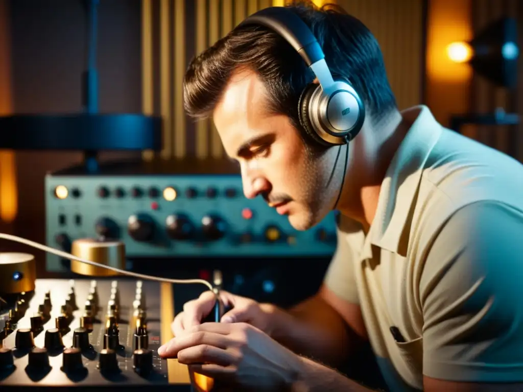 Un ingeniero de audio restaura con precisión grabaciones musicales vintage rodeado de equipo antiguo en un cálido estudio de grabación