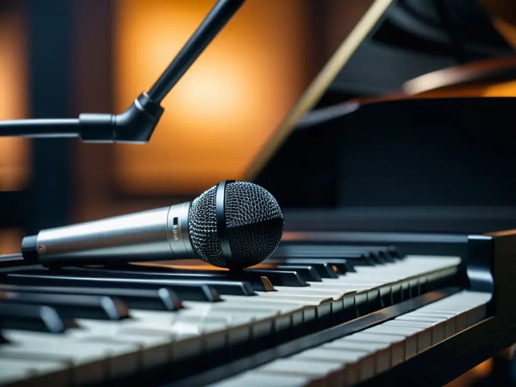 Un ingeniero de audio ajusta un micrófono frente a un piano de cola en un estudio de grabación de última generación