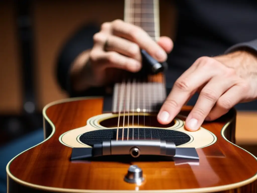 Un ingeniero de audio coloca meticulosamente micrófonos alrededor de una guitarra acústica en una sesión de grabación