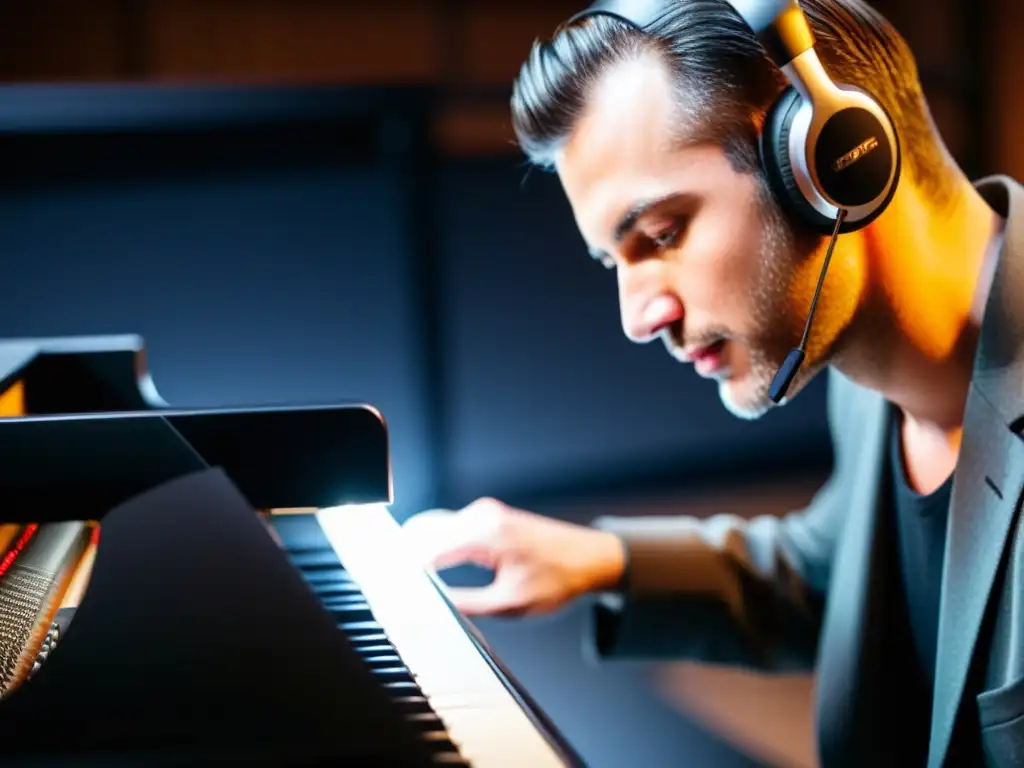 Un ingeniero de audio ajusta micrófonos para grabar un piano de concierto en un estudio de grabación