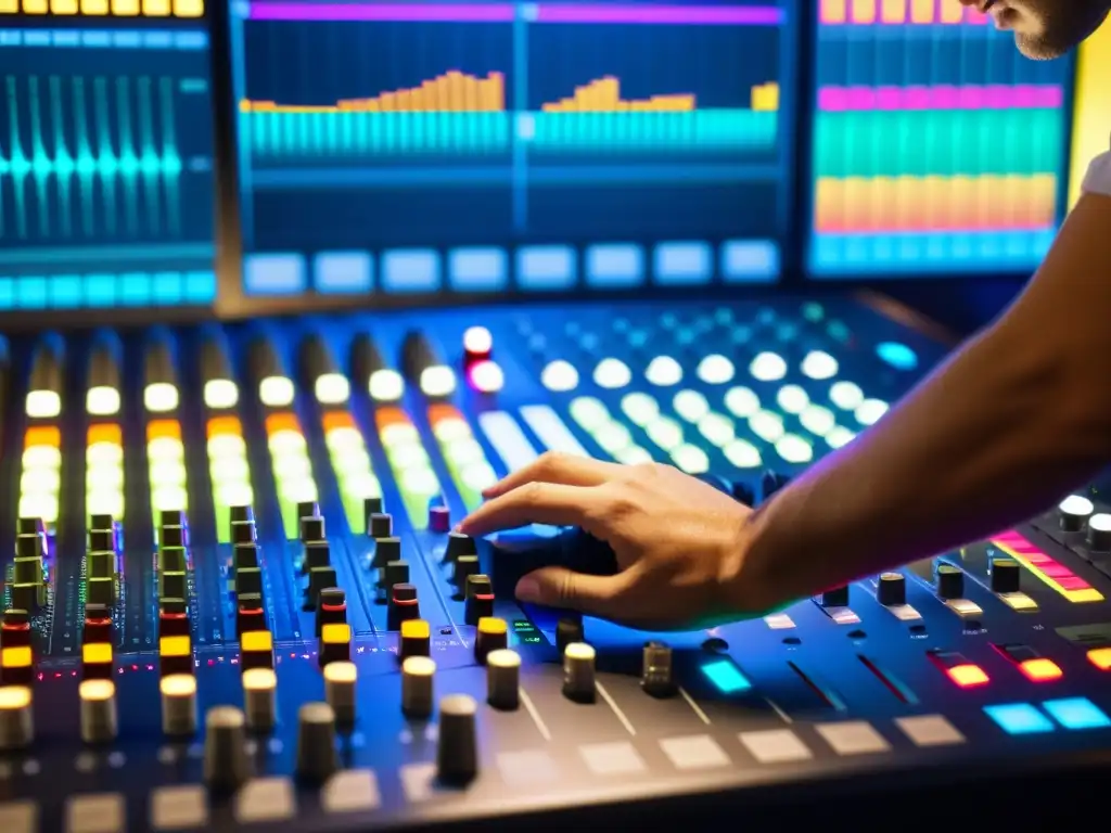 Un ingeniero de audio ajusta niveles en una consola de mezcla, con equipo y ondas de sonido coloridas de fondo