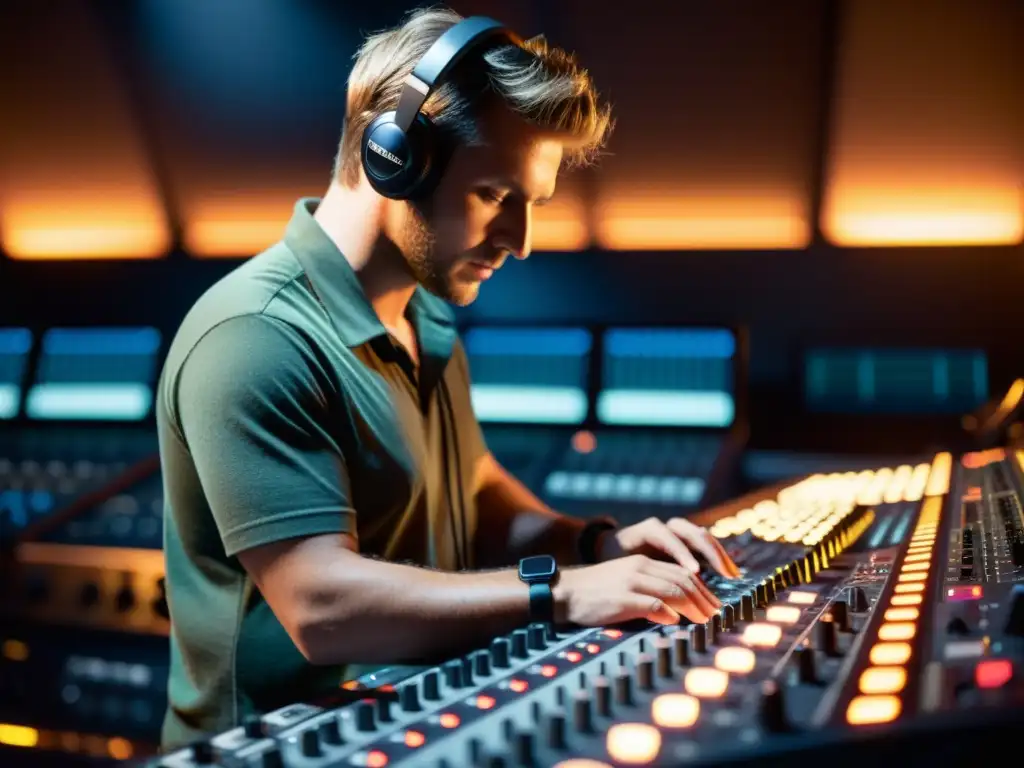 Un ingeniero de audio ajusta niveles en una consola en estudio