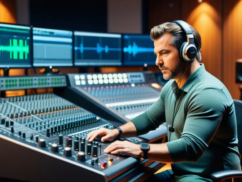 Un ingeniero de audio ajusta niveles en una consola en estudio de grabación