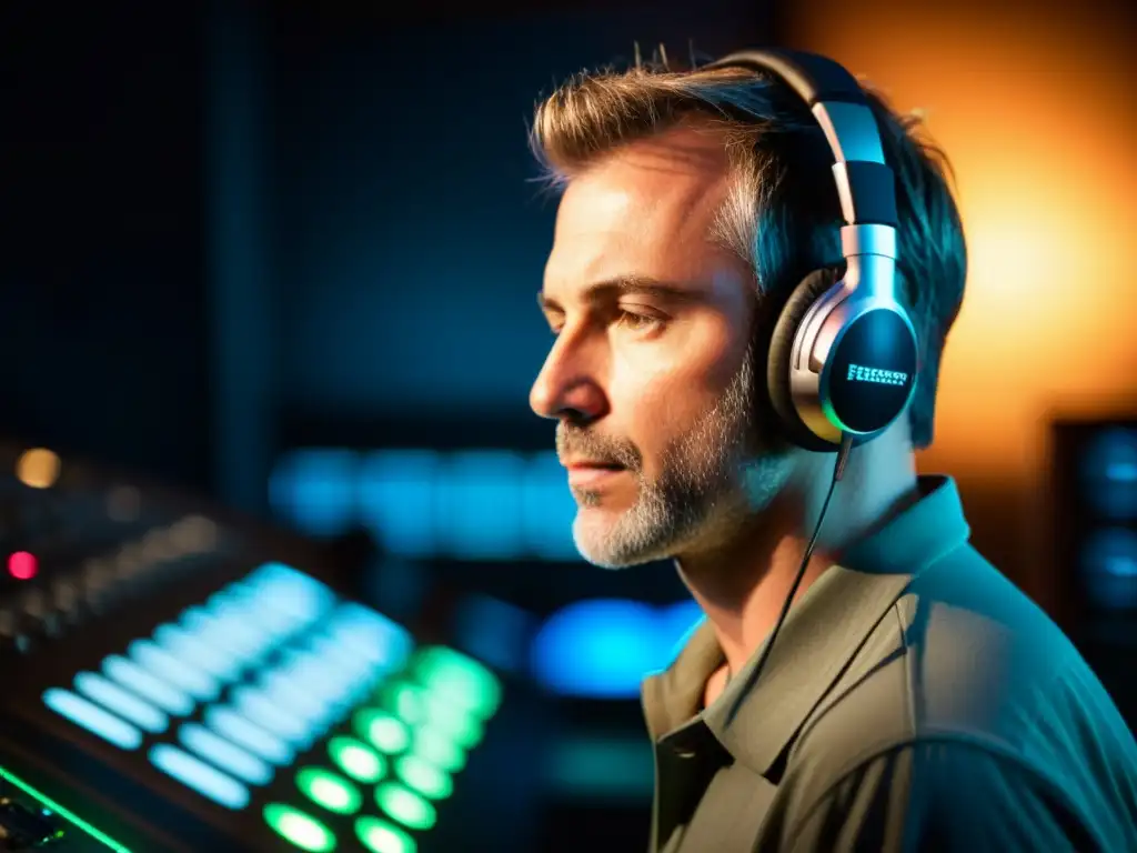 Maestría del sonido: ingeniero de audio en plena concentración Un ingeniero de audio ajusta niveles en una consola en un estudio de grabación