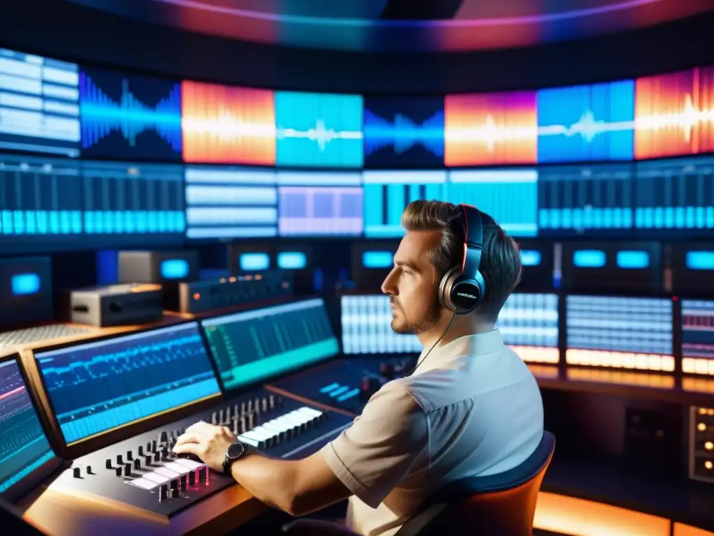 Audio Engineer en Estudio de Grabación Avanzado Un ingeniero de audio ajusta parámetros de onda sonora en un estudio avanzado
