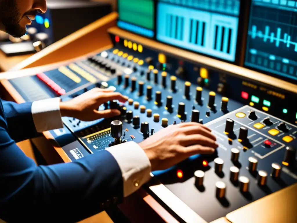 Un ingeniero de audio ajusta con precisión la consola durante una sesión de masterización de grabaciones de una banda de jazz en vivo