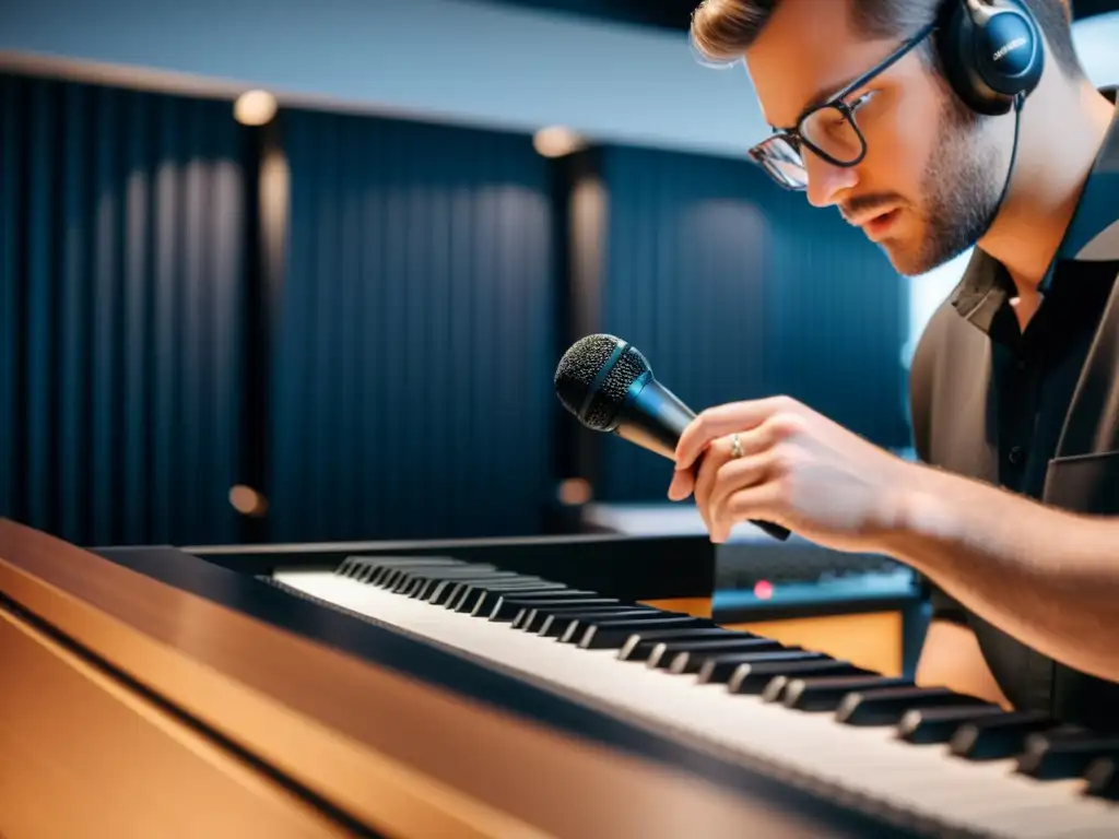 Un ingeniero de audio ajusta con precisión el micrófono frente a un piano de cola en un estudio profesional, demostrando técnicas narrativas para grabación de instrumentos